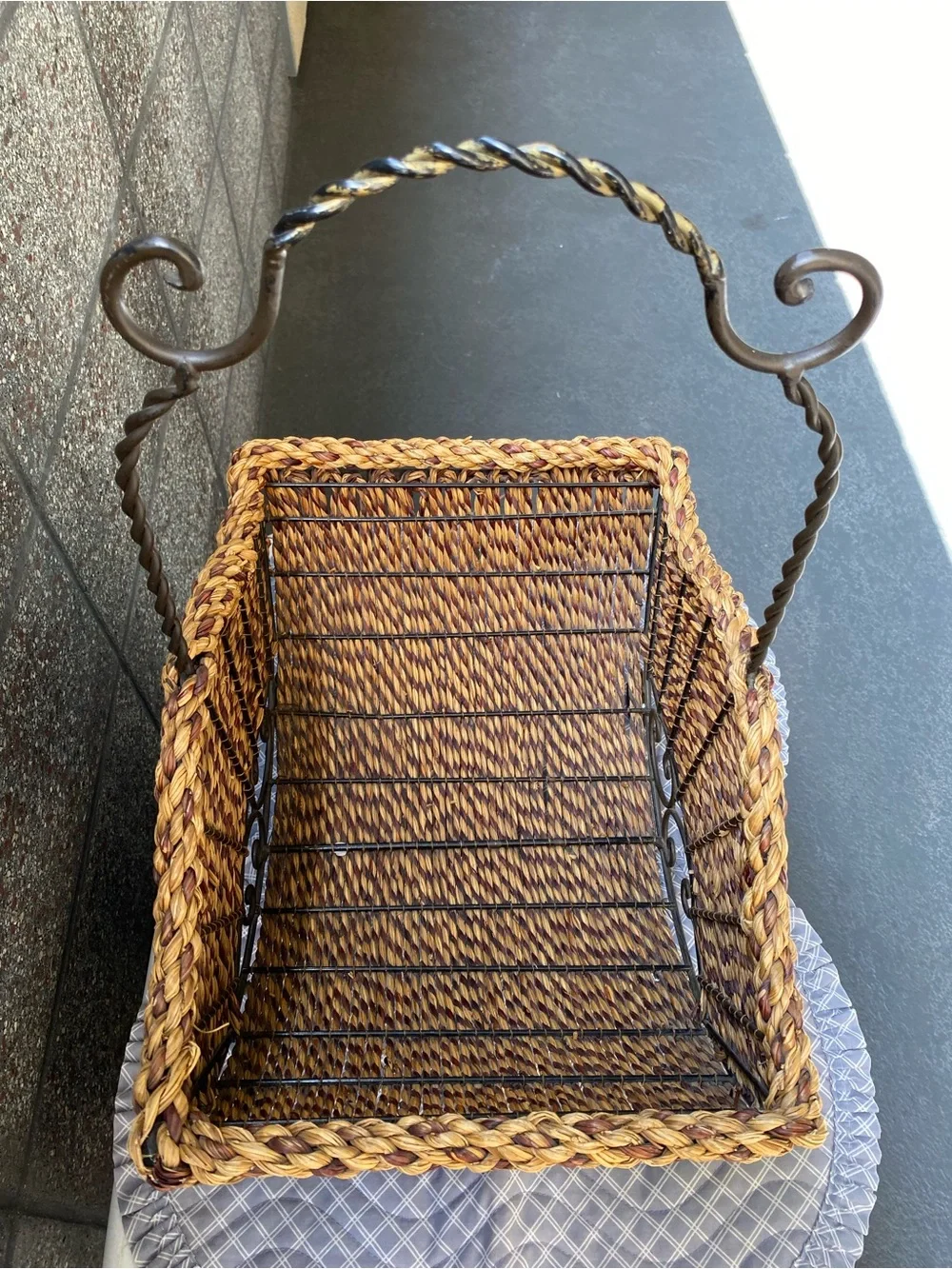 American Vintage Woven Natural Brown Basket with Twisted Iron Handle